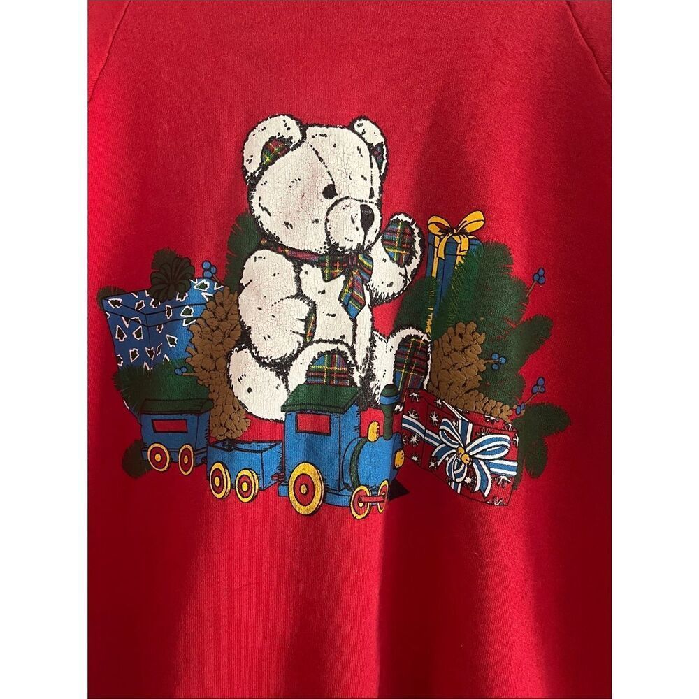 Vintage Christmas Teddy Bear Sweatshirt Red Toy Train Gifts Holiday Womens L USA - Picture 3 of 5